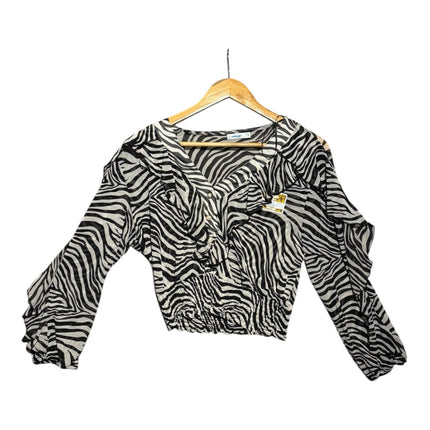 OutOf10 black and white zebra print long sleeve blouse with a V-neck, ruffled sleeves, and an elasticated waist.