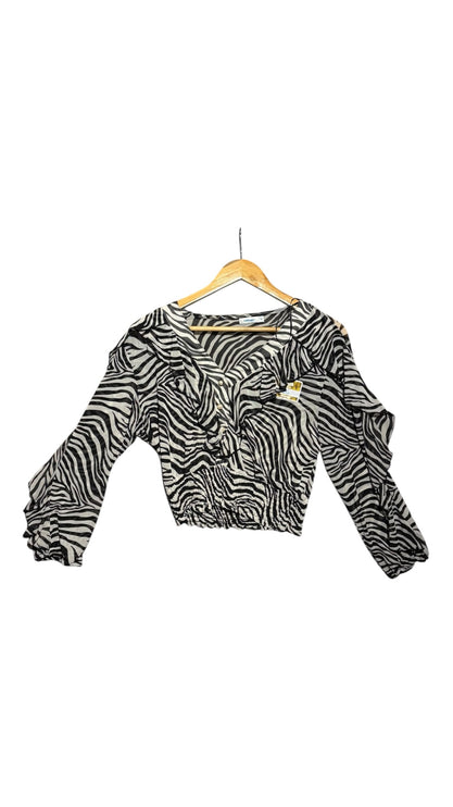 OutOf10 black and white zebra print long sleeve blouse with a V-neck, ruffled sleeves, and an elasticated waist.