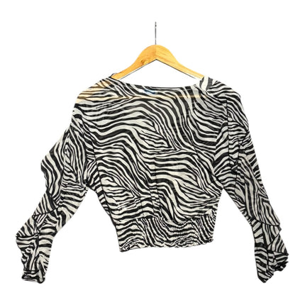OutOf10 black and white zebra print long sleeve V-neck blouse with a gathered elasticated waist and ruffle sleeves.