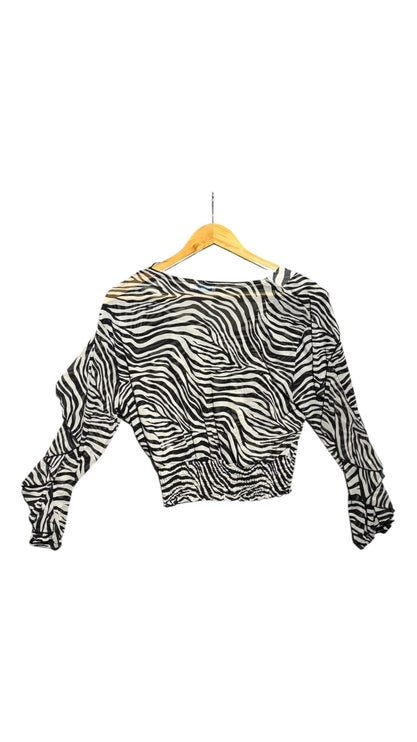 OutOf10 black and white zebra print long sleeve V-neck blouse with a gathered elasticated waist and ruffle sleeves.